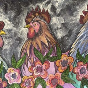 #0401 Painting: 3 Roosters in the Flowers