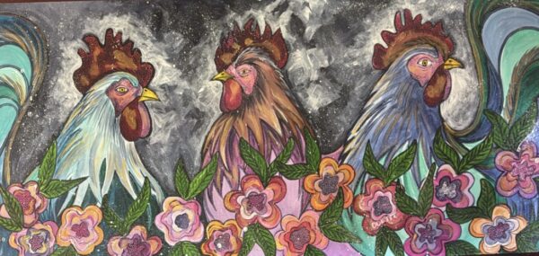 #0401 Painting: 3 Roosters in the Flowers