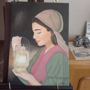 #8676 Vrou met Lantern skildery 30x42 olieverf op canvas