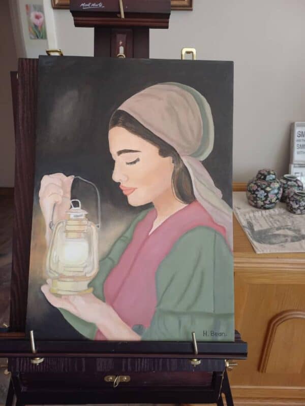 #8676 Vrou met Lantern skildery 42x28 olieverf op canvas