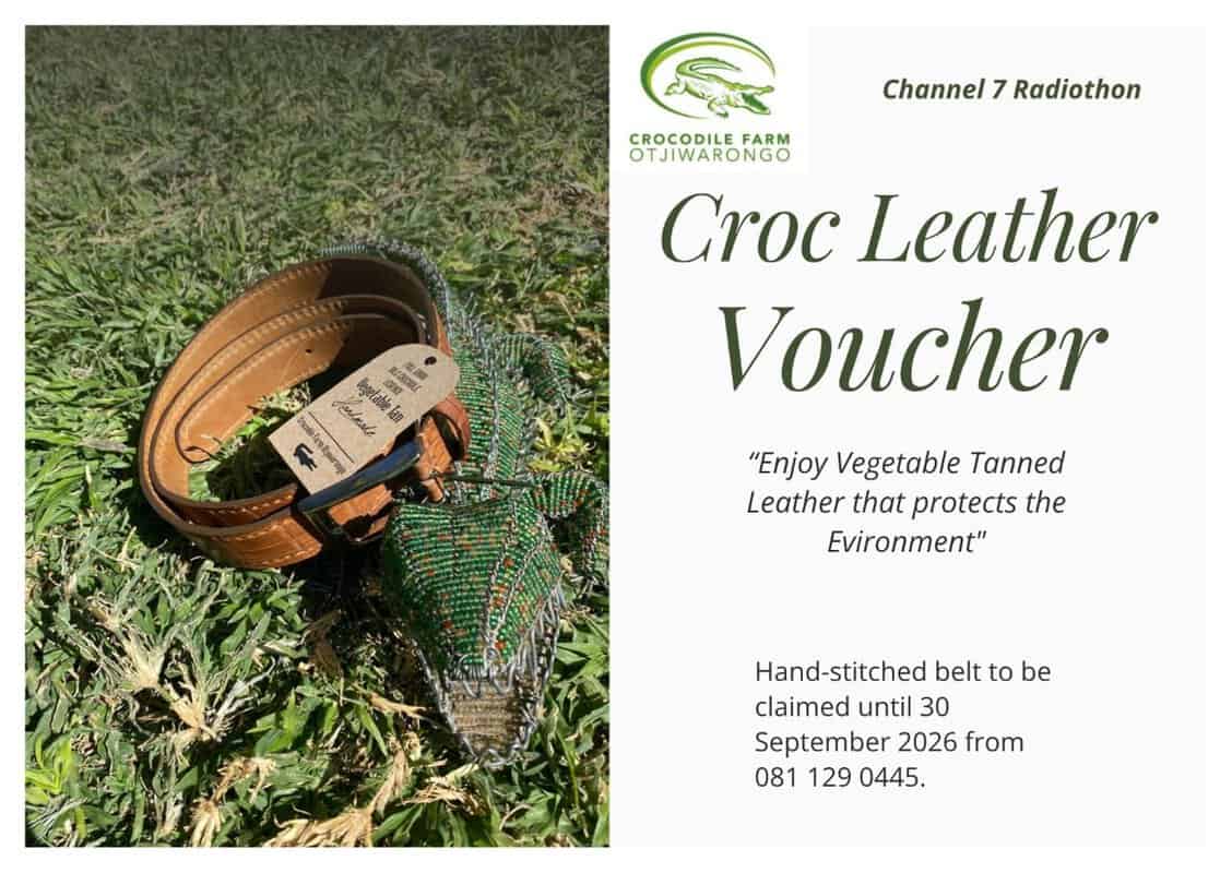 #5914 Handgestikte Leerband(belt) – Crocodile Farm Otjiwarongo Waarde:N$1850