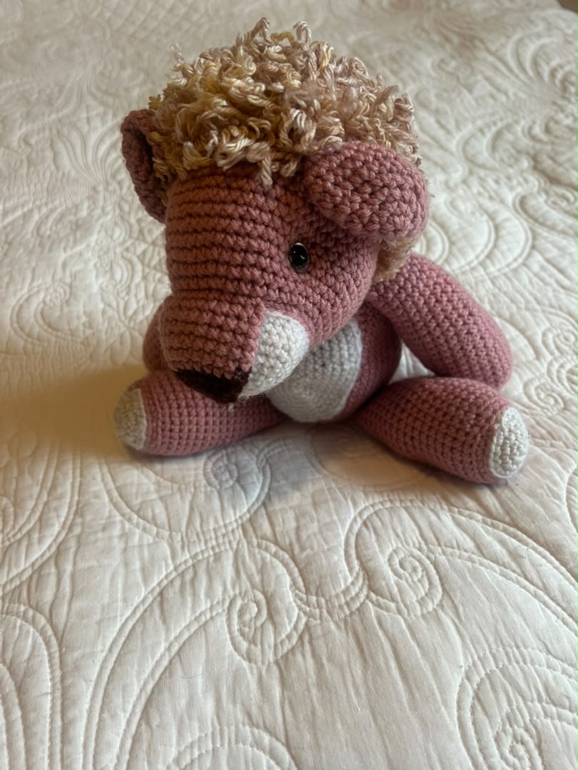 #7807 Handwerk, Handgemakte Wol beertjie pienk met bruin hare