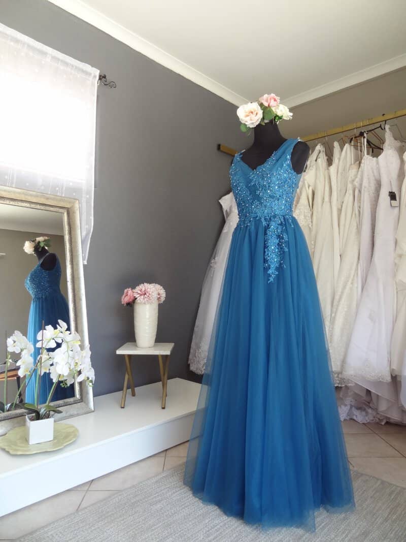 #7837 Teal Coloured Beaded Evening Gown with tulle Skirt, Love Knots Designs - Image 2