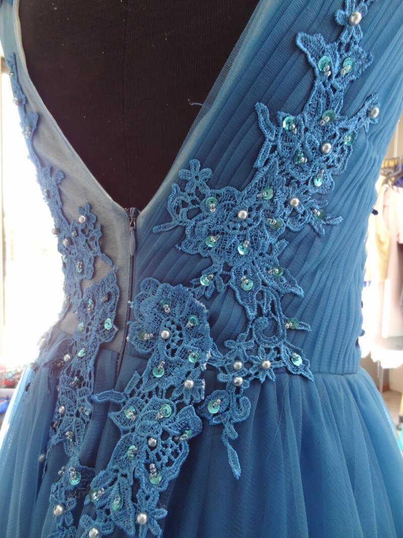 #7837 Teal Coloured Beaded Evening Gown with tulle Skirt, Love Knots Designs - Image 3