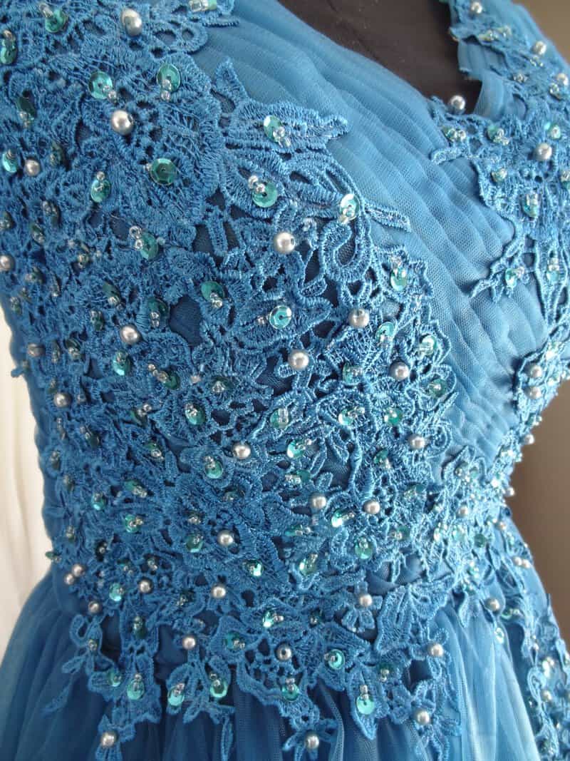 #7837 Teal Coloured Beaded Evening Gown with tulle Skirt, Love Knots Designs - Image 4
